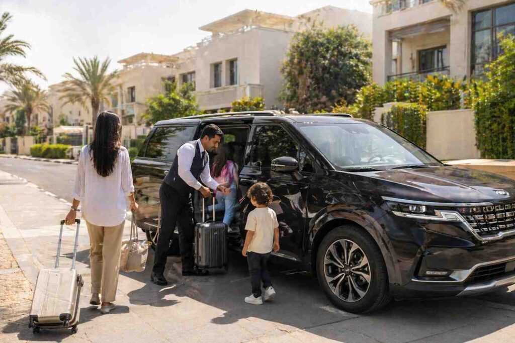 Family using car rental with driver service in Dubai with spacious vehicle